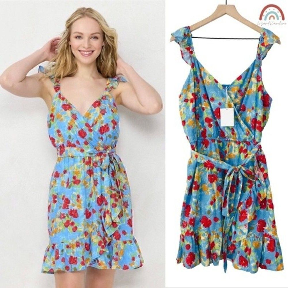 New! Lauren Conrad Floral Faux Wrap Ruffle Hem Cottagecore Prairie Mini Dress